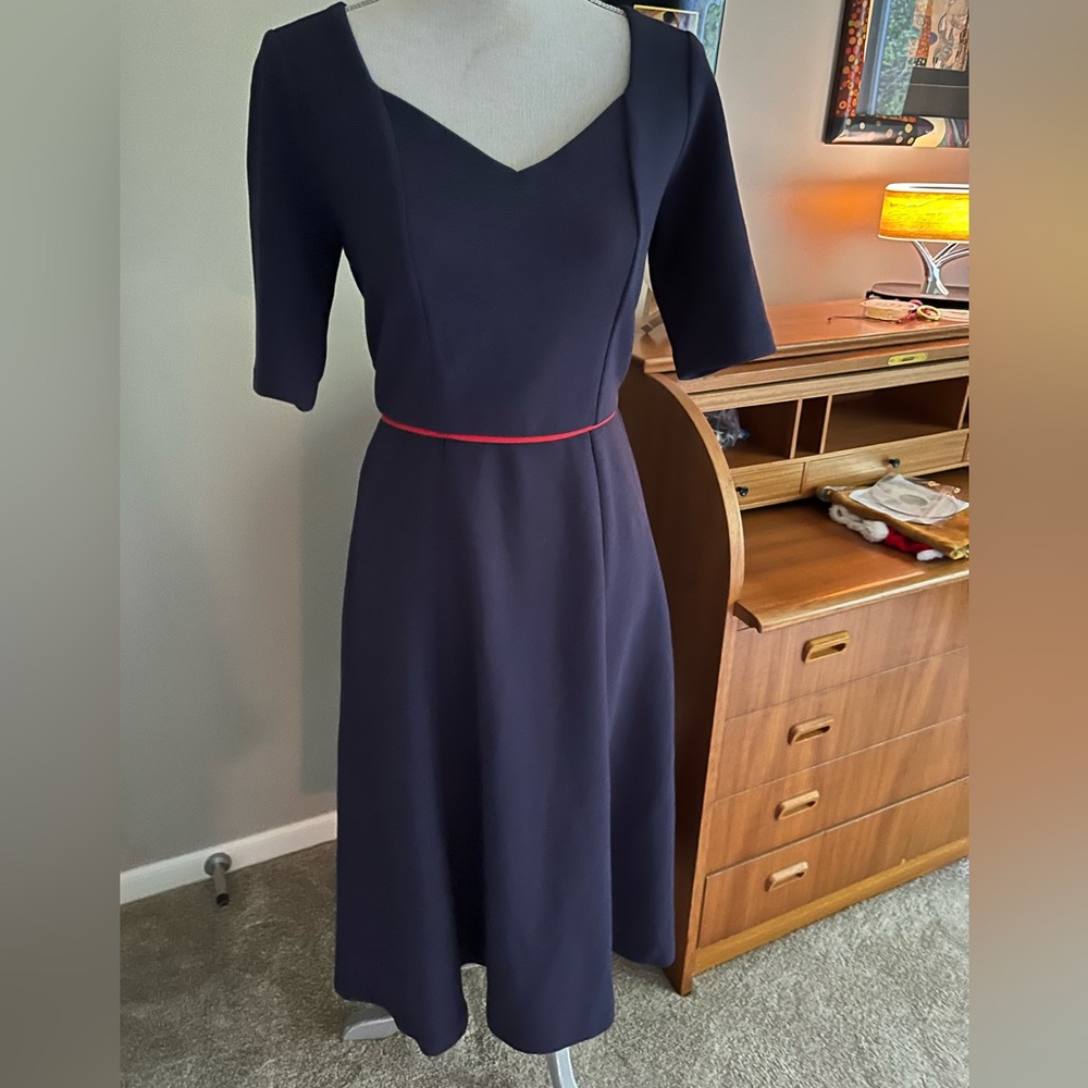Boden Navy Midi Dress with Red Waist Piping